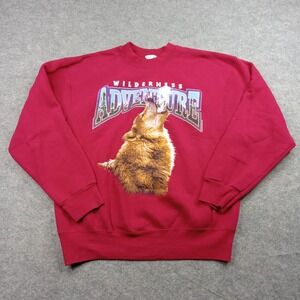Vintage Wilderness Adventure Sweatshirt Mens Large Red Wolf Graphic Made USA 90s